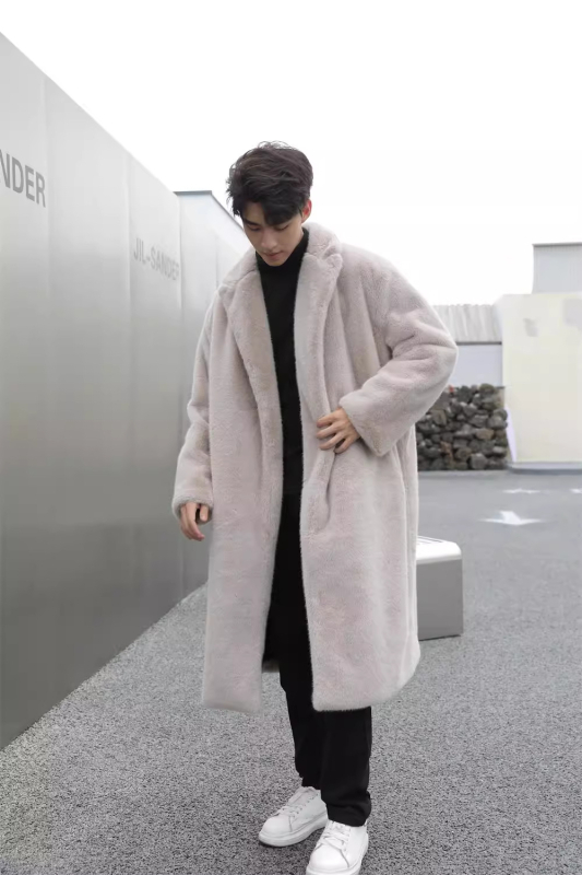 Ανδρικό παλτό από συνθετική γούνα με πέτο, φαρδιά γραμμή, μακρύ πάνω από το γόνατο, πλευρικές τσέπες, χωρίς κούμπωμα, χειμερινό streetwear