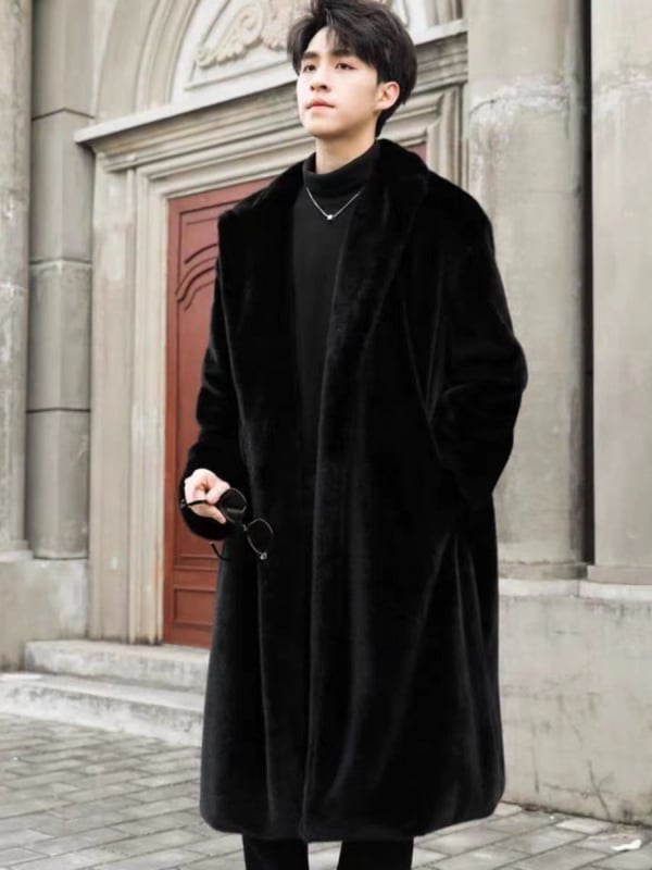 Ανδρικό παλτό από συνθετική γούνα με πέτο, φαρδιά γραμμή, μακρύ πάνω από το γόνατο, πλευρικές τσέπες, χωρίς κούμπωμα, χειμερινό streetwear