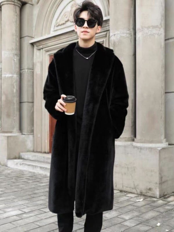 Ανδρικό παλτό από συνθετική γούνα με πέτο, φαρδιά γραμμή, μακρύ πάνω από το γόνατο, πλευρικές τσέπες, χωρίς κούμπωμα, χειμερινό streetwear