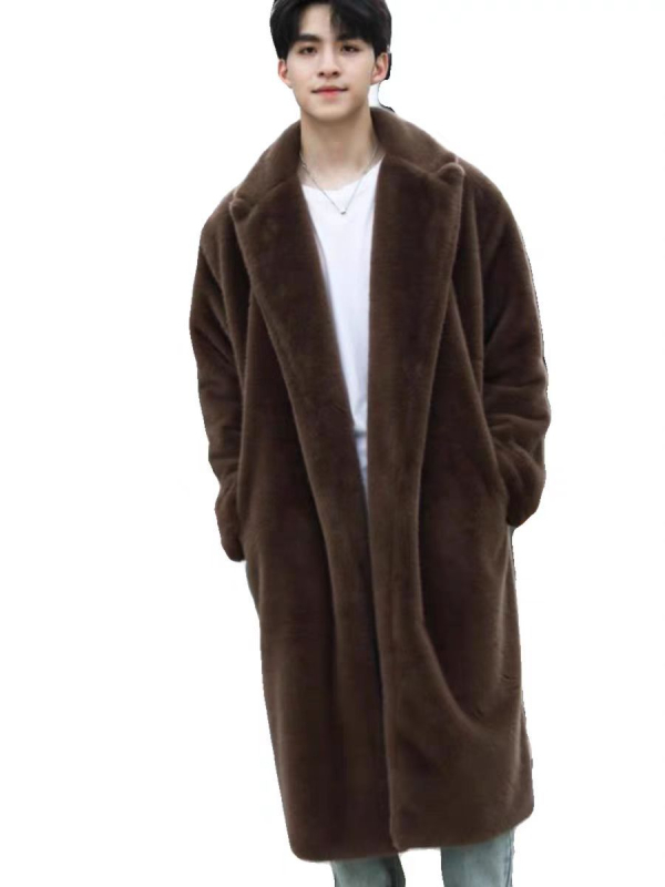 Ανδρικό παλτό από συνθετική γούνα με πέτο, φαρδιά γραμμή, μακρύ πάνω από το γόνατο, πλευρικές τσέπες, χωρίς κούμπωμα, χειμερινό streetwear