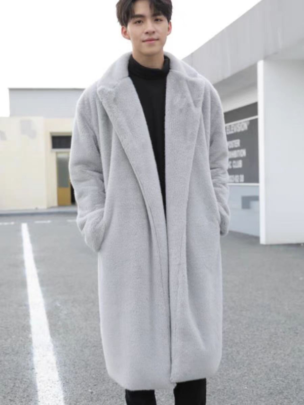 Ανδρικό παλτό από συνθετική γούνα με πέτο, φαρδιά γραμμή, μακρύ πάνω από το γόνατο, πλευρικές τσέπες, χωρίς κούμπωμα, χειμερινό streetwear