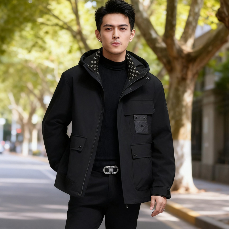 Ανδρικό παρκά από γούνα με γούνα Mink και Rex λαγού, επένδυση από πραγματική γούνα, ανθεκτικό στον άνεμο, κουκούλα, φερμουάρ, ευθύ κόψιμο, επιολέτι, τσέπες 3D