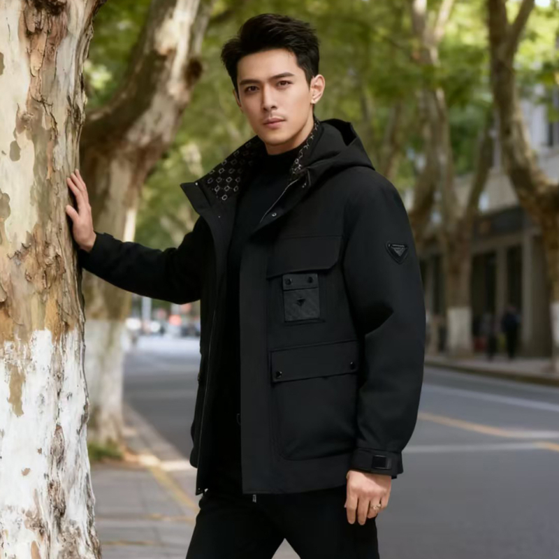 Ανδρικό παρκά από γούνα με γούνα Mink και Rex λαγού, επένδυση από πραγματική γούνα, ανθεκτικό στον άνεμο, κουκούλα, φερμουάρ, ευθύ κόψιμο, επιολέτι, τσέπες 3D