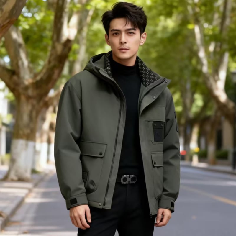 Ανδρικό παρκά από γούνα με γούνα Mink και Rex λαγού, επένδυση από πραγματική γούνα, ανθεκτικό στον άνεμο, κουκούλα, φερμουάρ, ευθύ κόψιμο, επιολέτι, τσέπες 3D