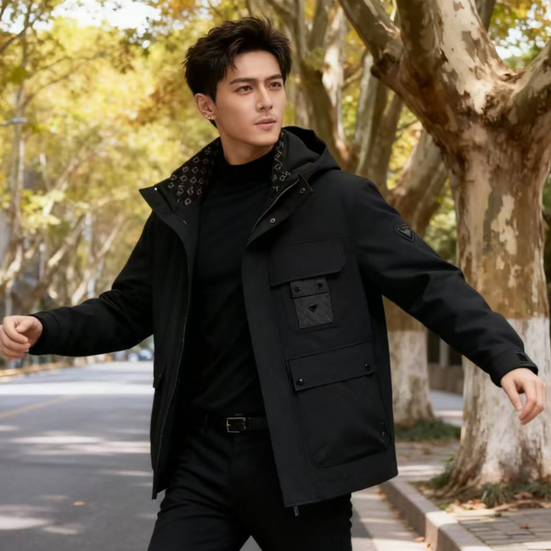 Ανδρικό παρκά από γούνα με γούνα Mink και Rex λαγού, επένδυση από πραγματική γούνα, ανθεκτικό στον άνεμο, κουκούλα, φερμουάρ, ευθύ κόψιμο, επιολέτι, τσέπες 3D