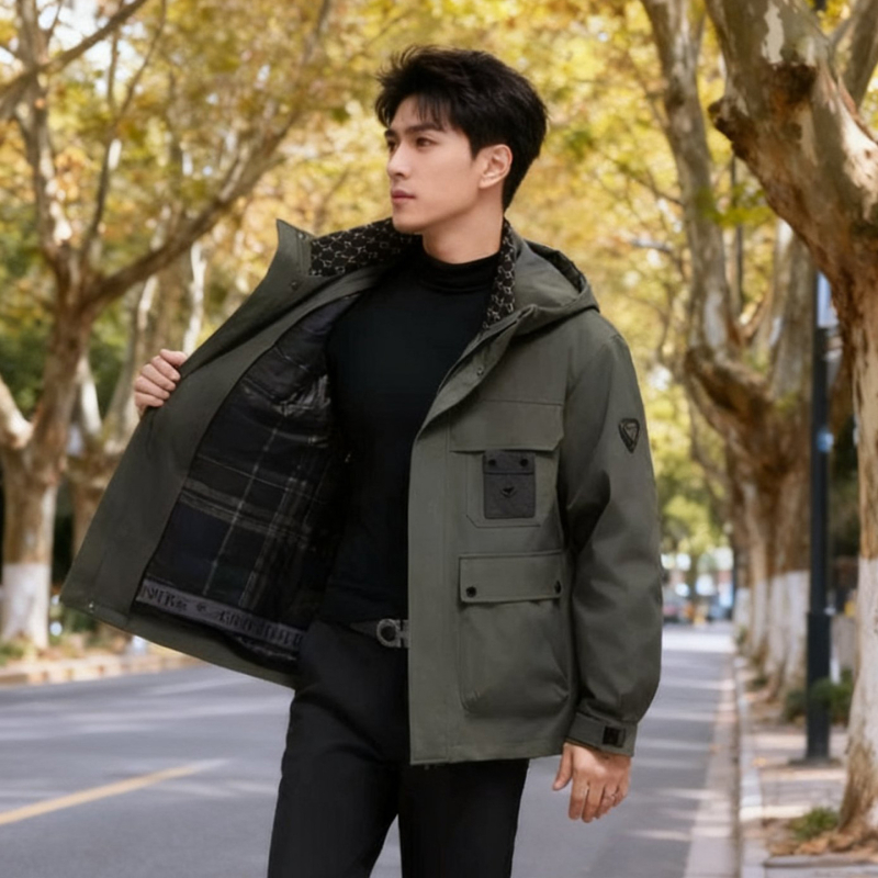 Ανδρικό παρκά από γούνα με γούνα Mink και Rex λαγού, επένδυση από πραγματική γούνα, ανθεκτικό στον άνεμο, κουκούλα, φερμουάρ, ευθύ κόψιμο, επιολέτι, τσέπες 3D