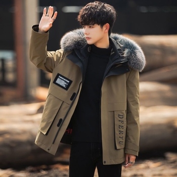 Ανδρικό παρκά με αποσπώμενη επένδυση από γούνα κουνελιού, μεσαίο μήκος παλτό με κουκούλα, γιακά από γούνα αλεπούς, κλείσιμο με φερμουάρ, τρισδιάστατες τσέπες