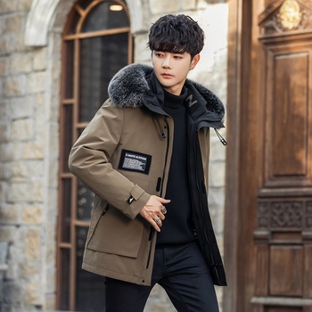 Ανδρικό παρκά με αποσπώμενη επένδυση από γούνα κουνελιού, μεσαίο μήκος παλτό με κουκούλα, γιακά από γούνα αλεπούς, κλείσιμο με φερμουάρ, τρισδιάστατες τσέπες