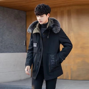 Ανδρικό παρκά με αποσπώμενη επένδυση από γούνα κουνελιού, μεσαίο μήκος παλτό με κουκούλα, γιακά από γούνα αλεπούς, κλείσιμο με φερμουάρ, τρισδιάστατες τσέπες