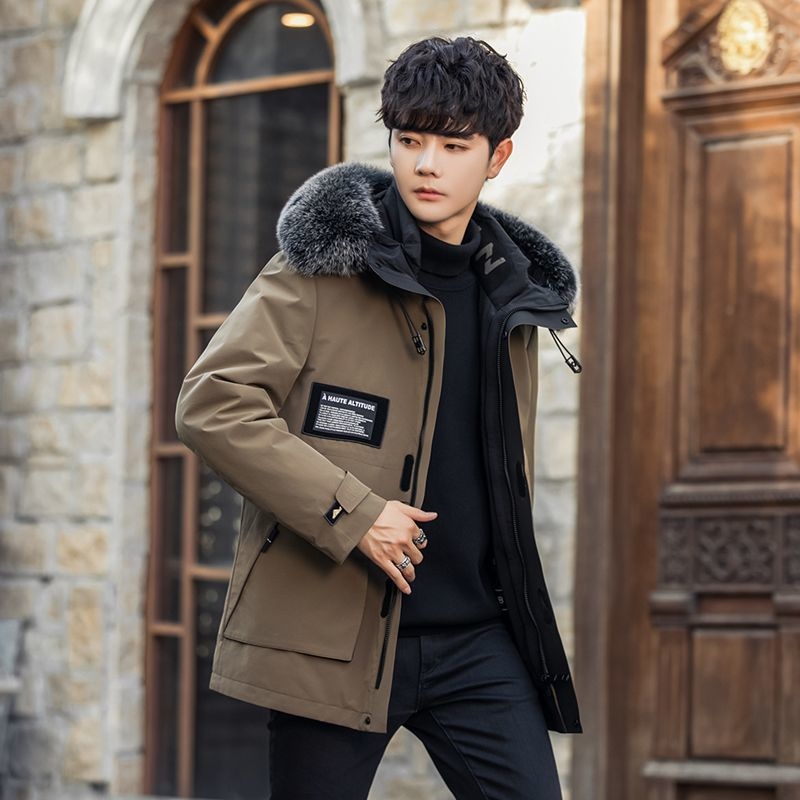 Ανδρικό παρκά με αποσπώμενη επένδυση από γούνα κουνελιού, μεσαίο μήκος παλτό με κουκούλα, γιακά από γούνα αλεπούς, κλείσιμο με φερμουάρ, τρισδιάστατες τσέπες