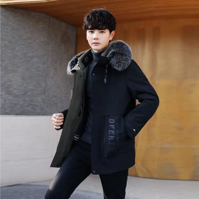 Ανδρικό παρκά με αποσπώμενη επένδυση από γούνα κουνελιού, μεσαίο μήκος παλτό με κουκούλα, γιακά από γούνα αλεπούς, κλείσιμο με φερμουάρ, τρισδιάστατες τσέπες