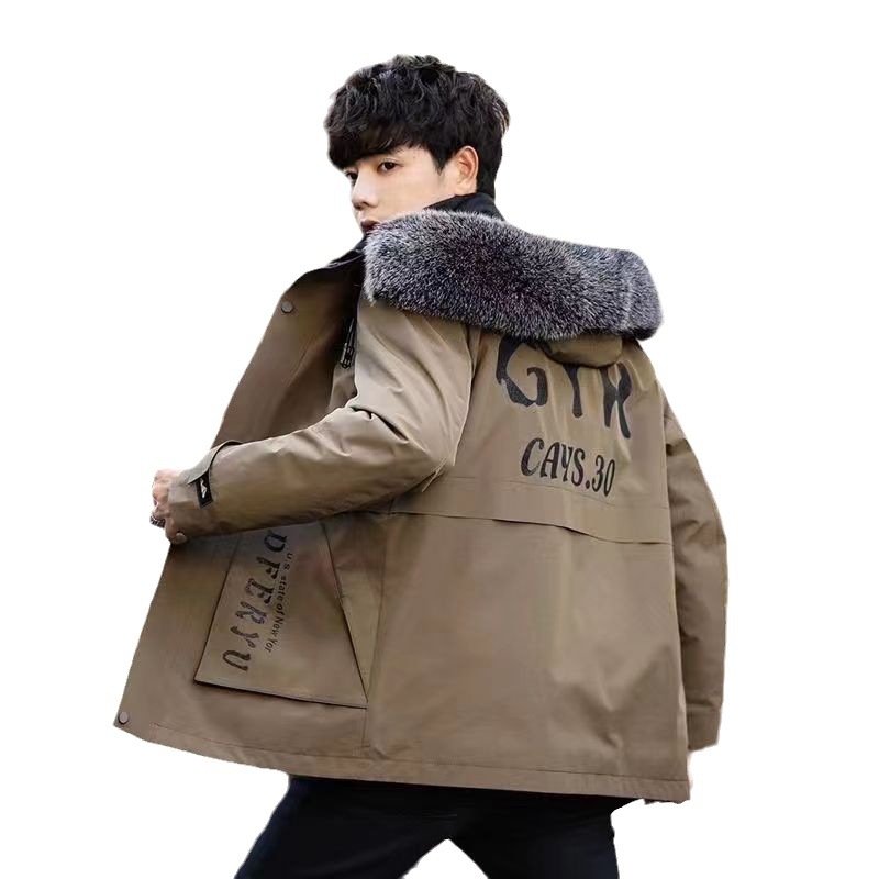 Ανδρικό παρκά με αποσπώμενη επένδυση από γούνα κουνελιού, μεσαίο μήκος παλτό με κουκούλα, γιακά από γούνα αλεπούς, κλείσιμο με φερμουάρ, τρισδιάστατες τσέπες