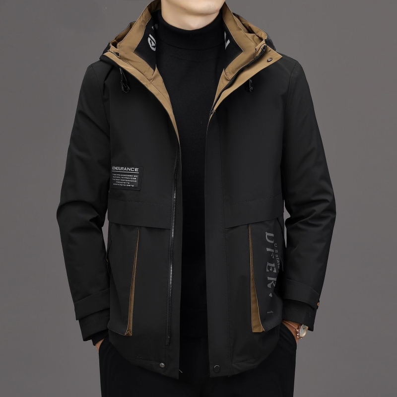 Ανδρικό παρκά με αποσπώμενη επένδυση από γούνα κουνελιού, μεσαίο μήκος παλτό με κουκούλα, γιακά από γούνα αλεπούς, κλείσιμο με φερμουάρ, τρισδιάστατες τσέπες