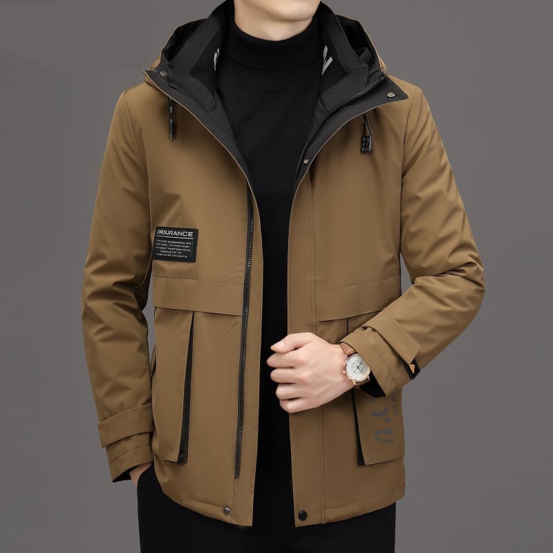 Ανδρικό παρκά με αποσπώμενη επένδυση από γούνα κουνελιού, μεσαίο μήκος παλτό με κουκούλα, γιακά από γούνα αλεπούς, κλείσιμο με φερμουάρ, τρισδιάστατες τσέπες