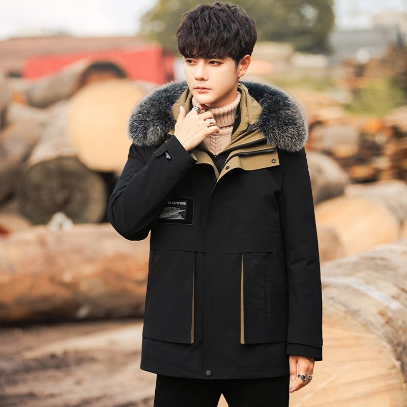 Ανδρικό παρκά με αποσπώμενη επένδυση από γούνα κουνελιού, μεσαίο μήκος παλτό με κουκούλα, γιακά από γούνα αλεπούς, κλείσιμο με φερμουάρ, τρισδιάστατες τσέπες