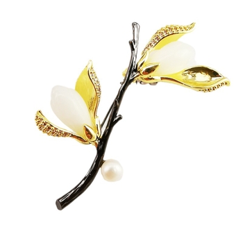 Брошка - мед, китайски стил, модел на лист, инкрустирано жадеит, Zhongshan произход