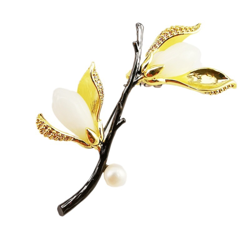 Брошка - мед, китайски стил, модел на лист, инкрустирано жадеит, Zhongshan произход