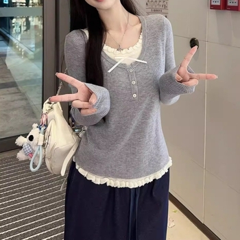 Korejskog stila uski pleteni džemper s kapuljačom, lažni dvodijelni dizajn, dugi rukavi, okrugli izrez