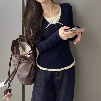 Korejskog stila uski pleteni džemper s kapuljačom, lažni dvodijelni dizajn, dugi rukavi, okrugli izrez