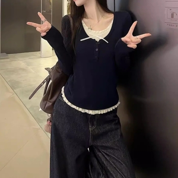 Korejskog stila uski pleteni džemper s kapuljačom, lažni dvodijelni dizajn, dugi rukavi, okrugli izrez