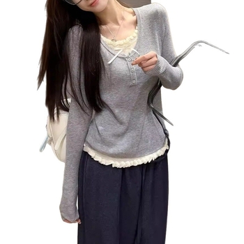 Korejskog stila uski pleteni džemper s kapuljačom, lažni dvodijelni dizajn, dugi rukavi, okrugli izrez