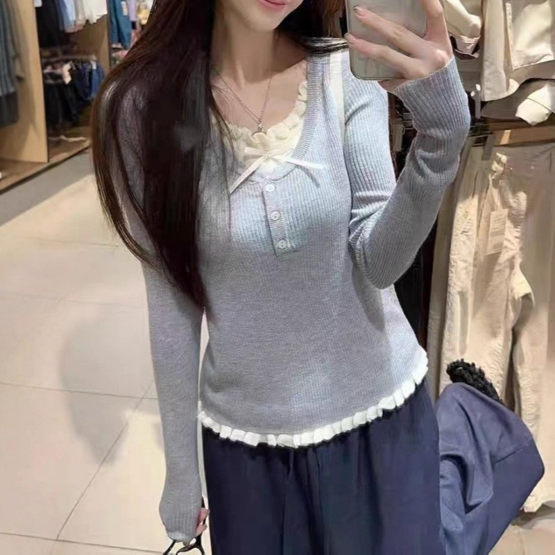 Korejskog stila uski pleteni džemper s kapuljačom, lažni dvodijelni dizajn, dugi rukavi, okrugli izrez