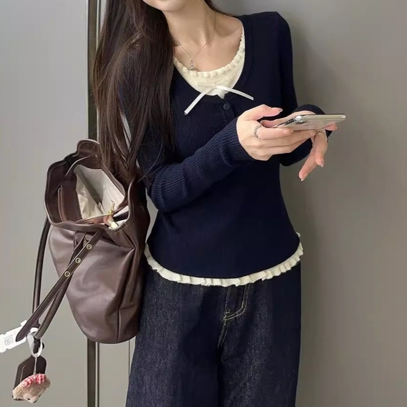 Korejskog stila uski pleteni džemper s kapuljačom, lažni dvodijelni dizajn, dugi rukavi, okrugli izrez