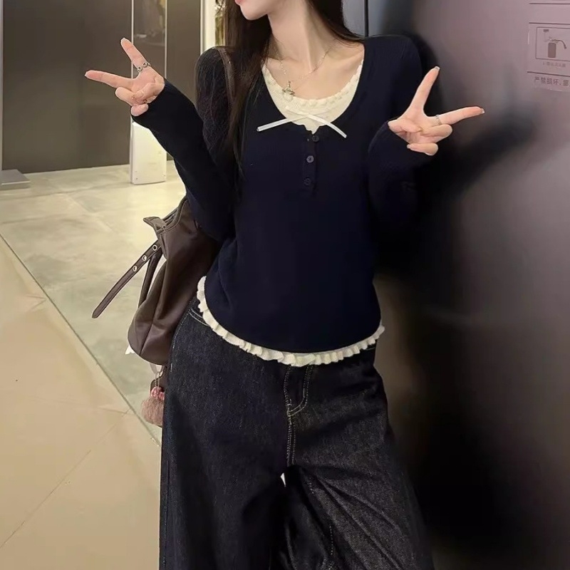 Korejskog stila uski pleteni džemper s kapuljačom, lažni dvodijelni dizajn, dugi rukavi, okrugli izrez