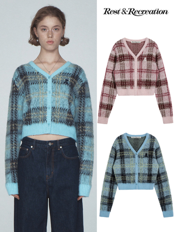 Cardigan od Mohair–vuna za djevojčice, karirani uzorak, V-izrez, uski kroj, duge rukave