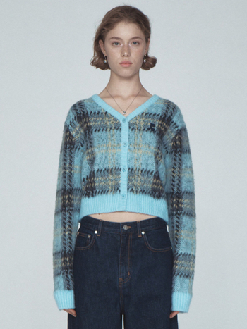 Cardigan od Mohair–vuna za djevojčice, karirani uzorak, V-izrez, uski kroj, duge rukave