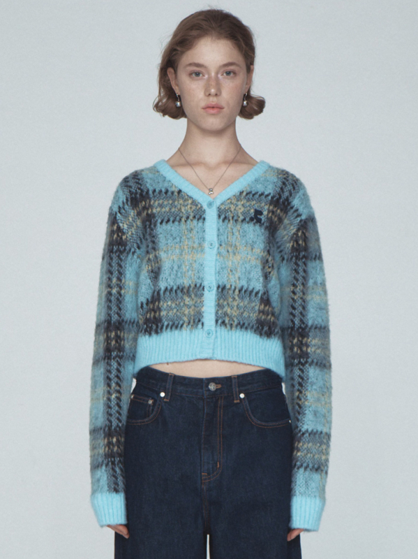 Cardigan od Mohair–vuna za djevojčice, karirani uzorak, V-izrez, uski kroj, duge rukave