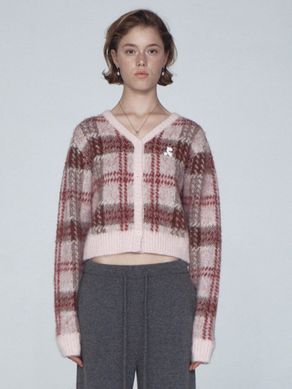 Cardigan od Mohair–vuna za djevojčice, karirani uzorak, V-izrez, uski kroj, duge rukave