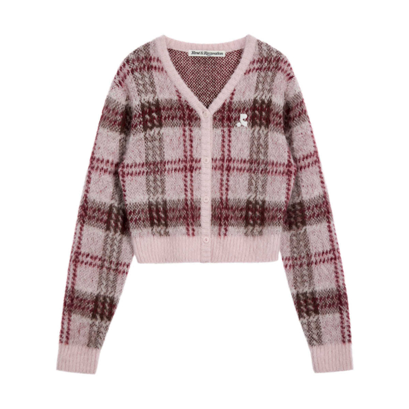 Cardigan od Mohair–vuna za djevojčice, karirani uzorak, V-izrez, uski kroj, duge rukave