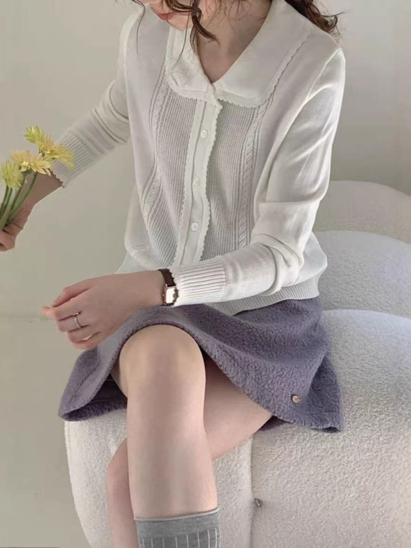 Korejski retro pleteni kardigan s Doll collarom i kontrastnim čipkastim šivanjem, pamukasta pletena tkanina, uski kroj