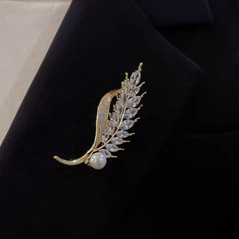 Брошка с циркон, мотив листа, галванично покрита, китайски стил, дамски аксесоар