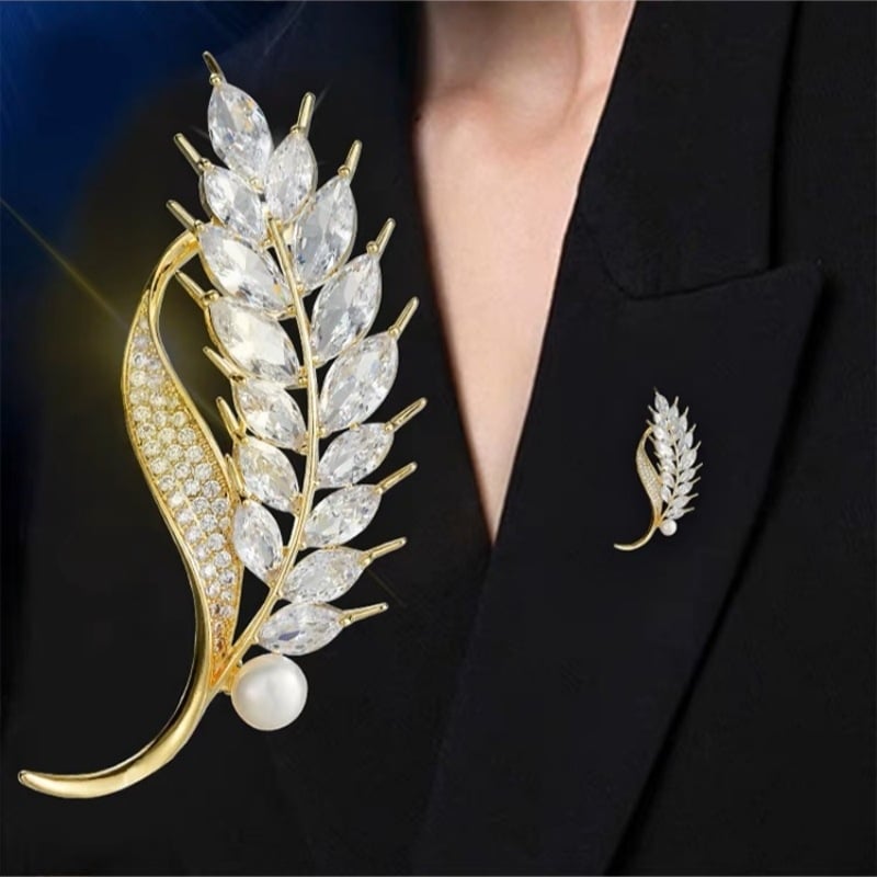 Брошка с циркон, мотив листа, галванично покрита, китайски стил, дамски аксесоар