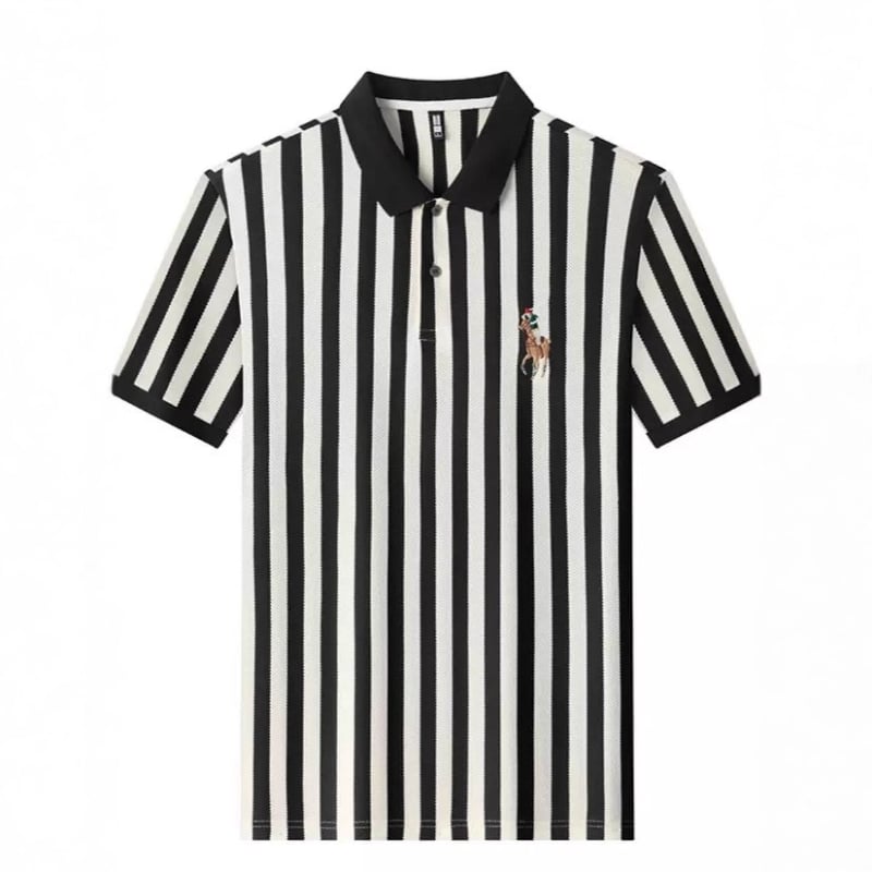 Hímzett póni mintás polo, galléros, függőleges csíkokkal, rövid ujjú, piqué poliészter anyag