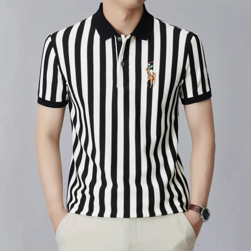 Hímzett póni mintás polo, galléros, függőleges csíkokkal, rövid ujjú, piqué poliészter anyag