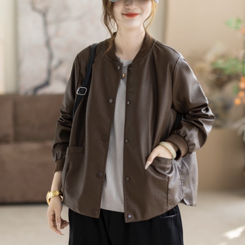 Ženska PU kožna jakna, baseball ovratnik, ležerni kroj, japansko-korejski casual stil