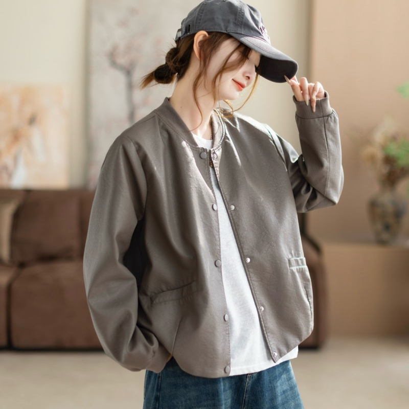 Ženska PU kožna jakna, baseball ovratnik, ležerni kroj, japansko-korejski casual stil