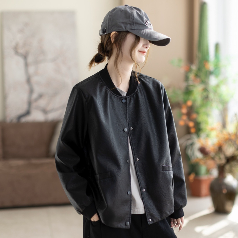 Ženska PU kožna jakna, baseball ovratnik, ležerni kroj, japansko-korejski casual stil