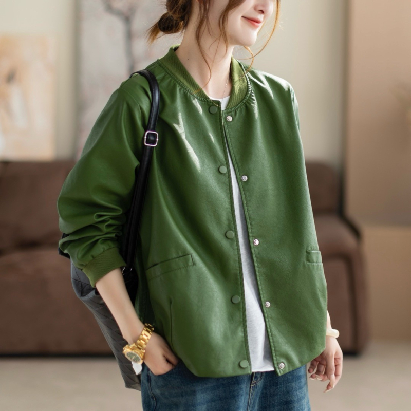 Ženska PU kožna jakna, baseball ovratnik, ležerni kroj, japansko-korejski casual stil