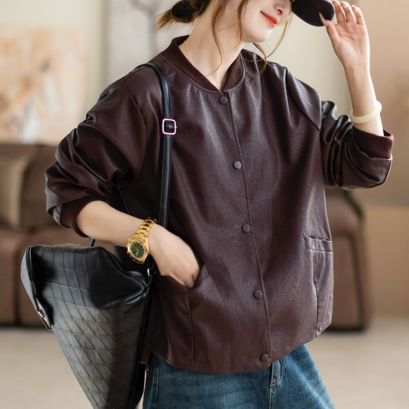 Ženska PU kožna jakna, baseball ovratnik, ležerni kroj, japansko-korejski casual stil