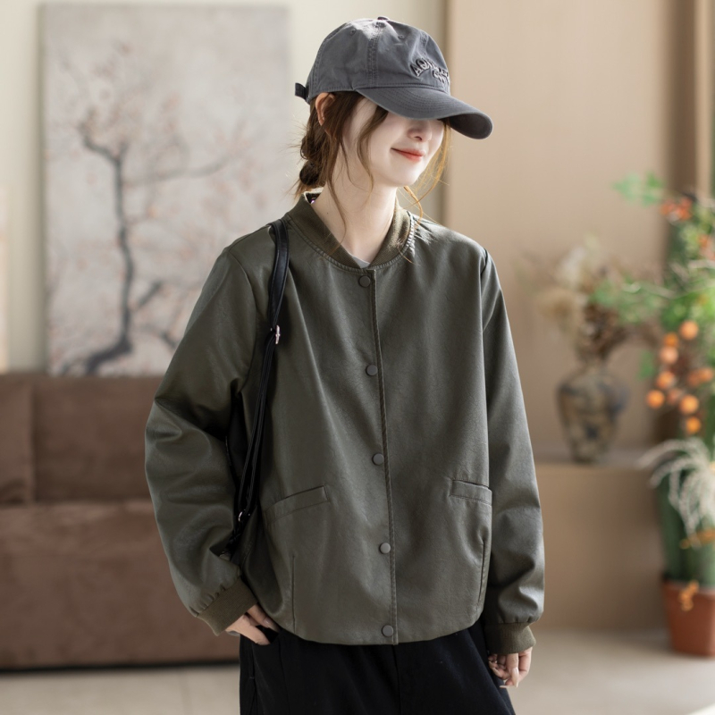 Ženska PU kožna jakna, baseball ovratnik, ležerni kroj, japansko-korejski casual stil