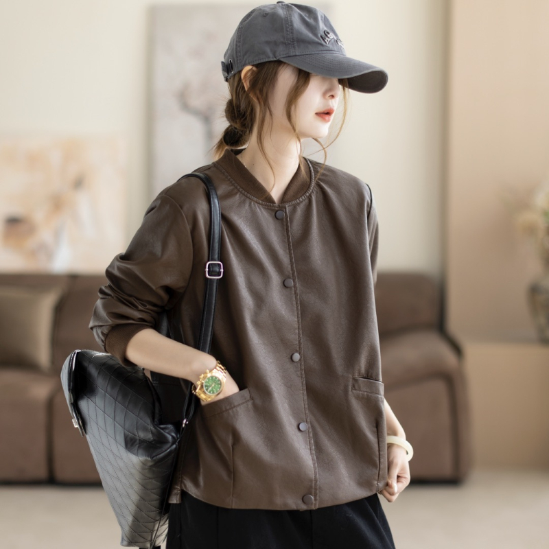 Ženska PU kožna jakna, baseball ovratnik, ležerni kroj, japansko-korejski casual stil