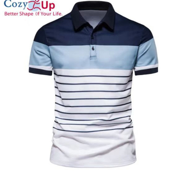 Rövid ujjú polo, csíkos, karcsú fazon, könnyű üzleti stílus