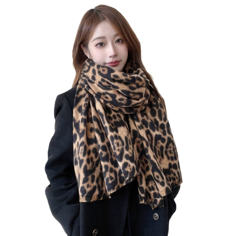 Šal s leopard uzorkom, umjetni kašmir, warp-pletenje, poliesterska mješavina 81-95%, zadržava toplinu zimi, korejskog stila svestran