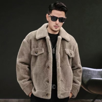 Ανδρικό παλτό από συνθετική γούνα – γιακάς με πέτα, κούμπωμα με ένα κουμπί, χαλαρή γραμμή, κορεατικό στυλ, πλαϊνές τσέπες