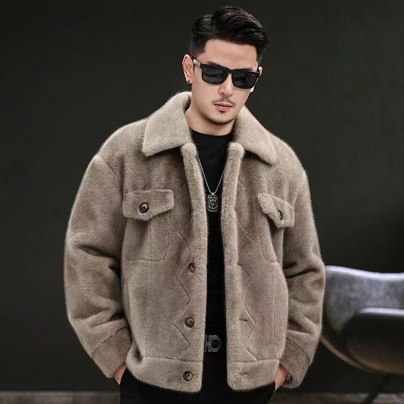 Ανδρικό παλτό από συνθετική γούνα – γιακάς με πέτα, κούμπωμα με ένα κουμπί, χαλαρή γραμμή, κορεατικό στυλ, πλαϊνές τσέπες