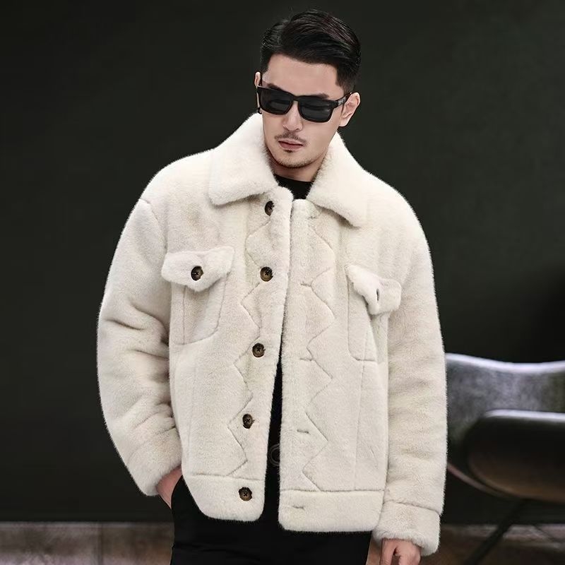 Ανδρικό παλτό από συνθετική γούνα – γιακάς με πέτα, κούμπωμα με ένα κουμπί, χαλαρή γραμμή, κορεατικό στυλ, πλαϊνές τσέπες